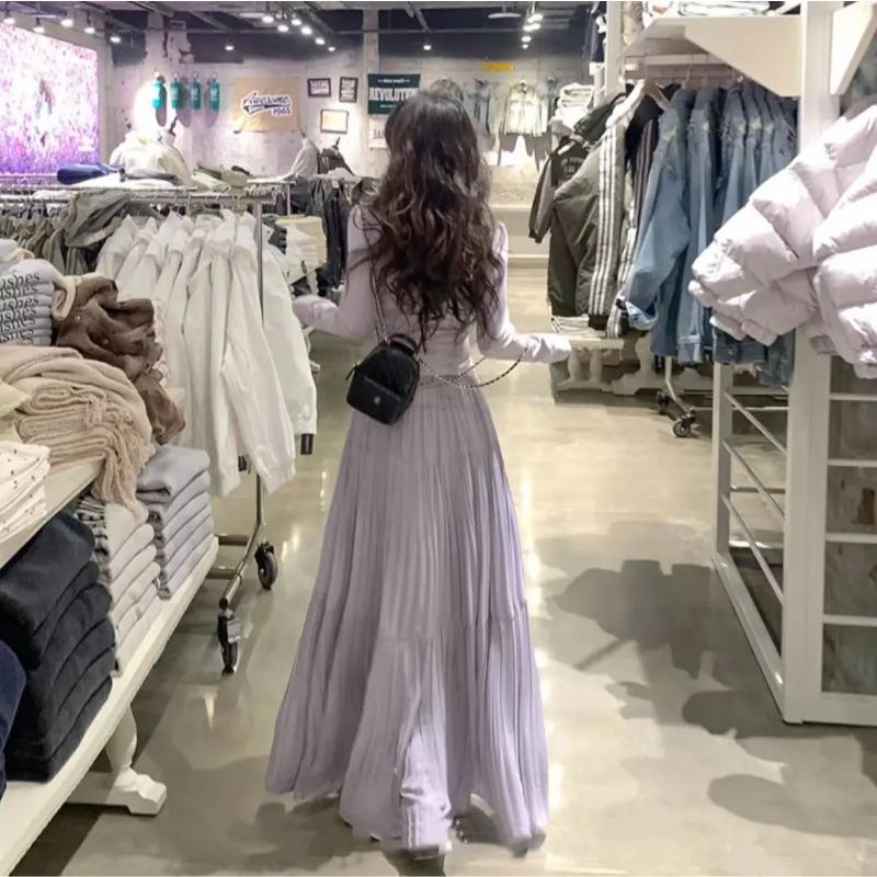 Women Spring and Summer Trend High Waist Pleated Long Skirt Casual Elegant Solid A-line Big Swing Skirt Girl Half Fairy Skirt