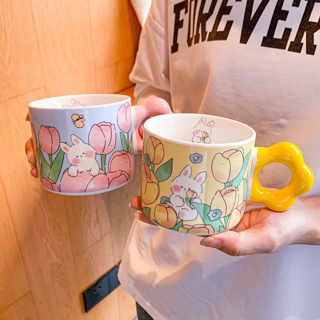 Cute Tulip Cup for Girls Ceramic Mug Couples with High Looks At Home Children's Breakfast Cup Souvenir