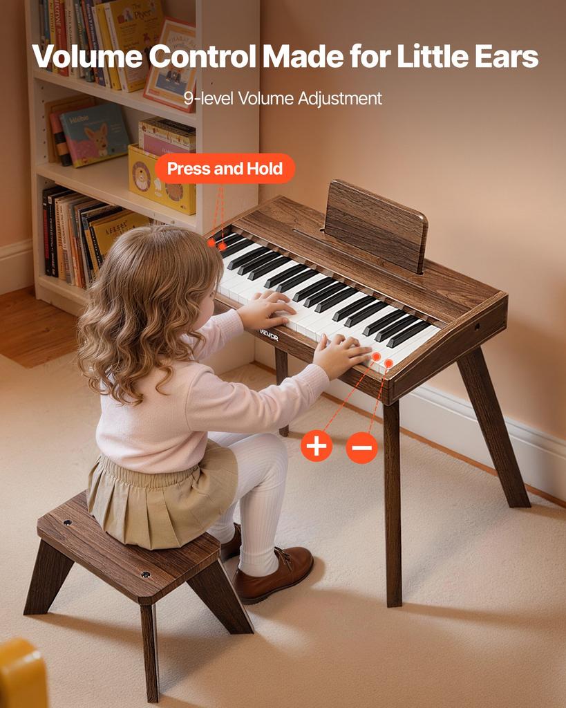 VEVOR Kids Piano Keyboard, 37 Key Wooden Digital Piano for Kids, Mini Music Educational Instrument Toy Set with Realistic Sound, Dual Power