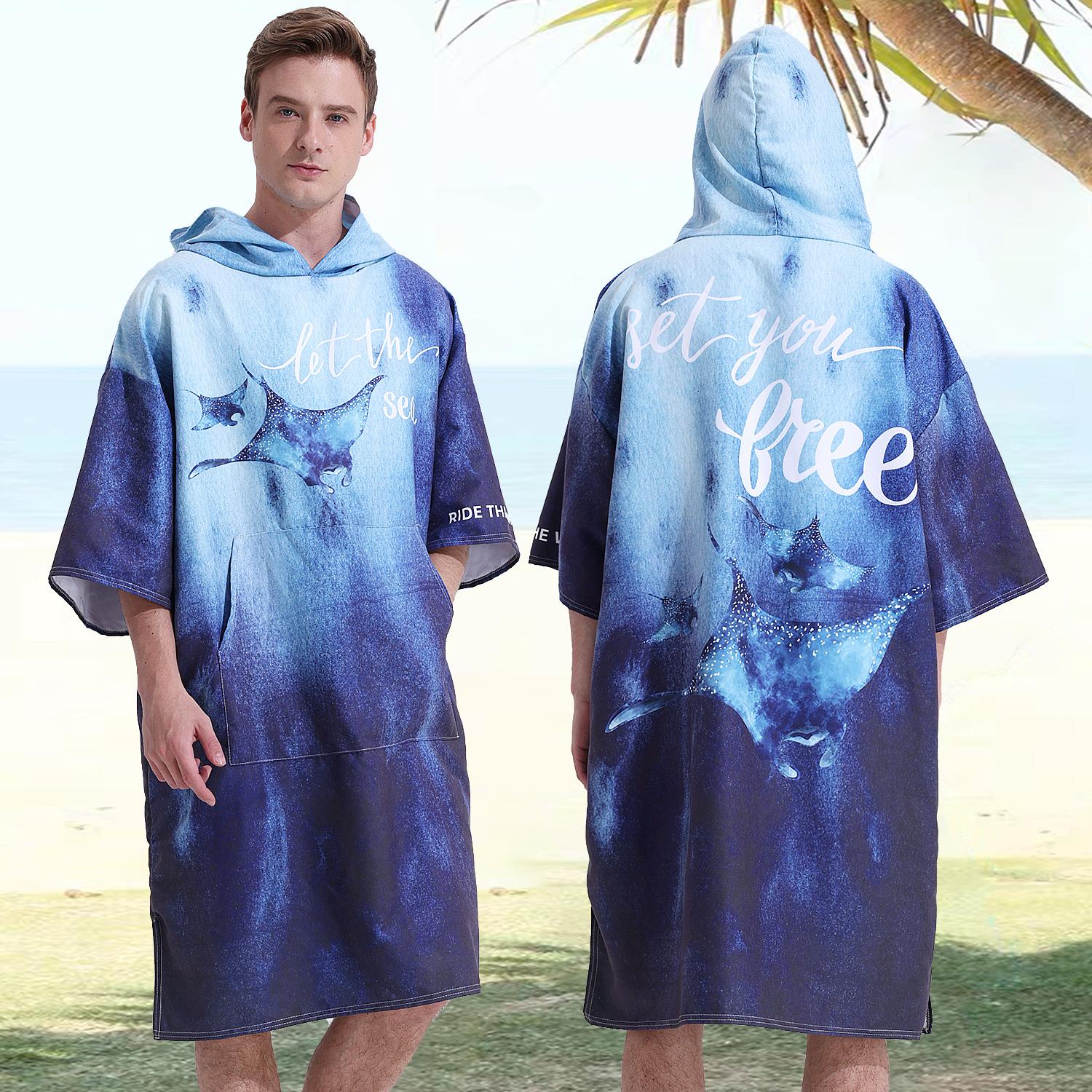 Ozean-Stil Doppelseitiges Samt Schnelltrocknendes Strandtuch Mit Kapuze Umhang Taschen Ärmel Surfer Umkleide-Bademantel für Schwimmen Surfen 110x74cm