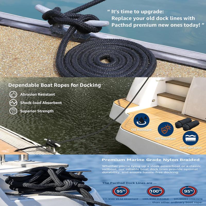 4.6m/15ft Black Boat Dock Lines Heavy Duty Dock Mooring Rope Boat Anchor Rope Marine Grade for Yacht Fishing Boat Nylon Line