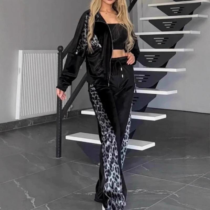 New Fall Leopard-Print Color-Blocked Long-Sleeve Pajama Set