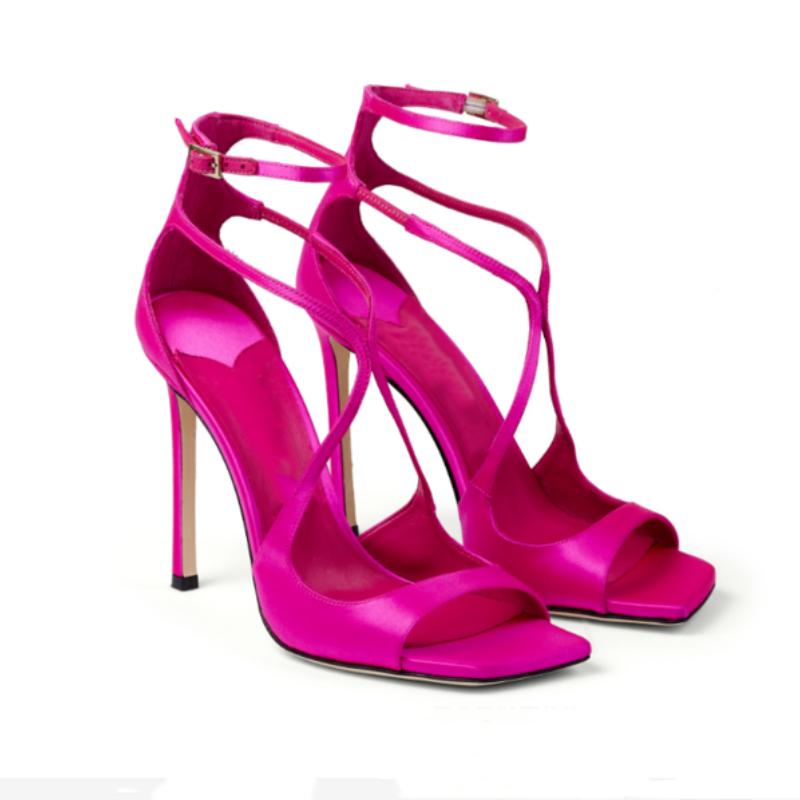 

Модные сандалии для подиума, атласные завязки с квадратной головкой, женская обувь на тонком высоком каблуке 10 см, большие 34–43, качественные сандалии черного, розового и красного цветов 39