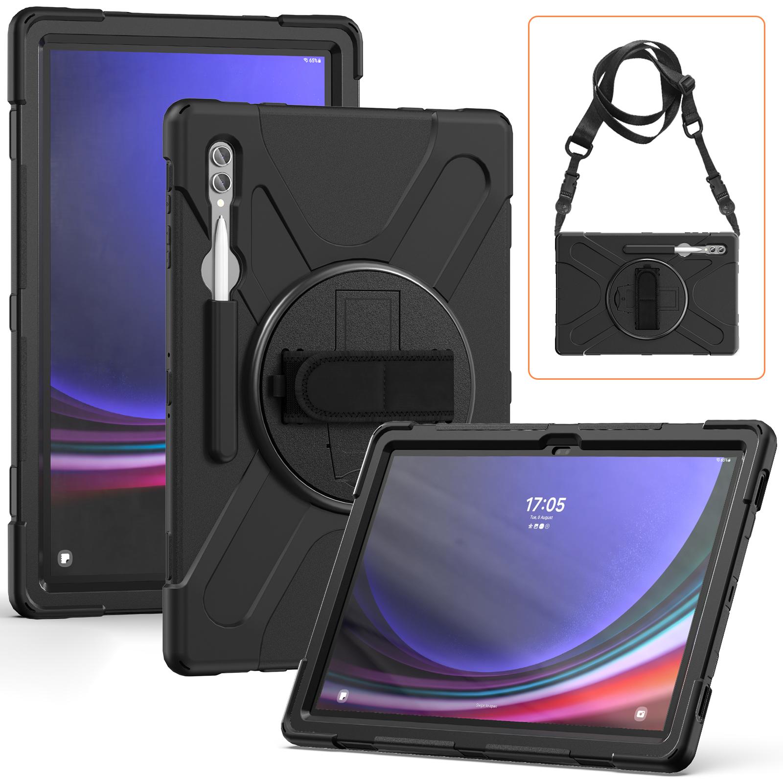 

For Samsung Galaxy Tab S10 Ultra X920/S9 Ultra X910/S8 Ultra X900/X906 PC+Silicone Tablet Case Hand Band Kickstand with Shoulder Strap Black