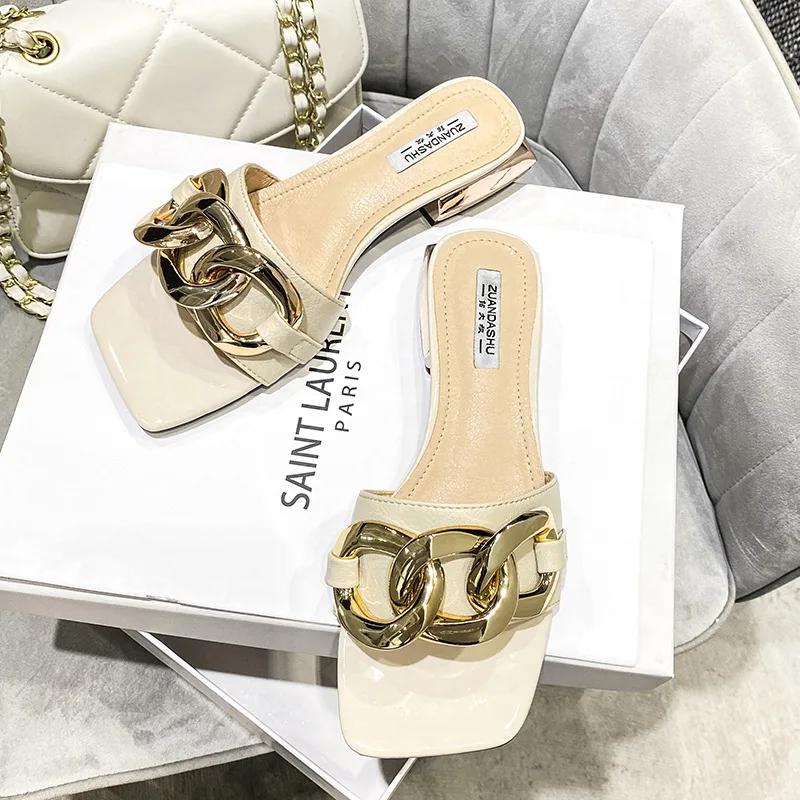 Καλοκαιρινά Γυναικεία Παπούτσια Μοντέρνα Παντόφλα Μεγάλη Μεταλλική Αλυσίδα Δερμάτινα Casual Γόβες Κοριτσίστικες Τακούνια Slides