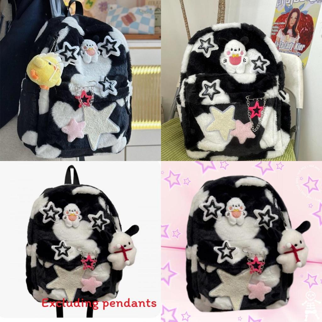 Handcrafted Black White Plush Dog Star Chain Backpack For Daily Use Girls And Boys