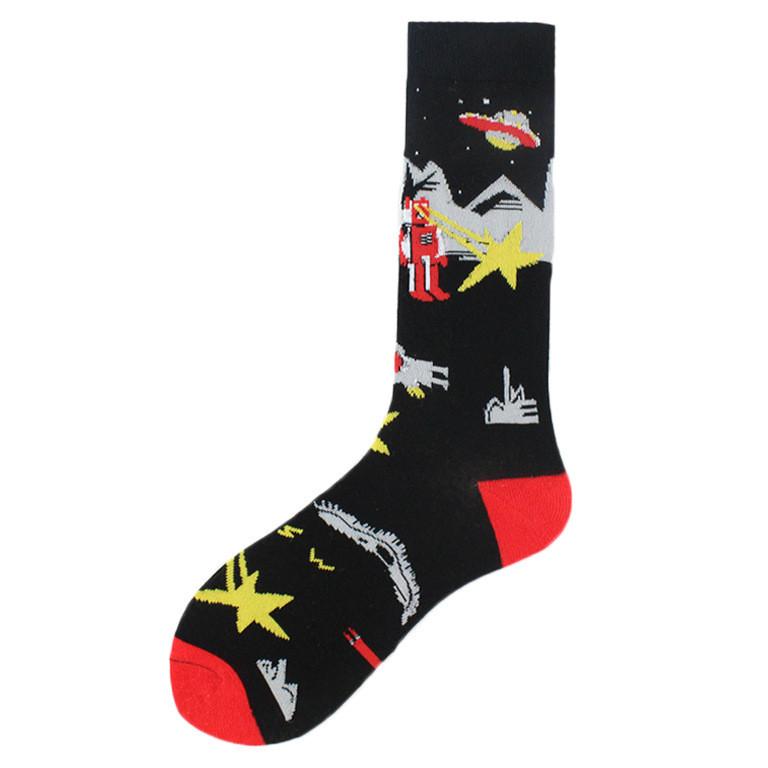Happy Funny Unisex Painting UFO Astronaut Outer Space Rocket Men Crew Socks Male Boys Streetwear Cotton Causal Skateboard Sox