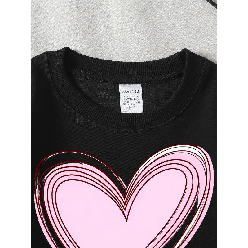 European Sizes Girls' Soft Crewneck Sweatshirt Pink Heart Pattern Design, Casual All-Match for Fall Winter, Ideal Holiday Present.