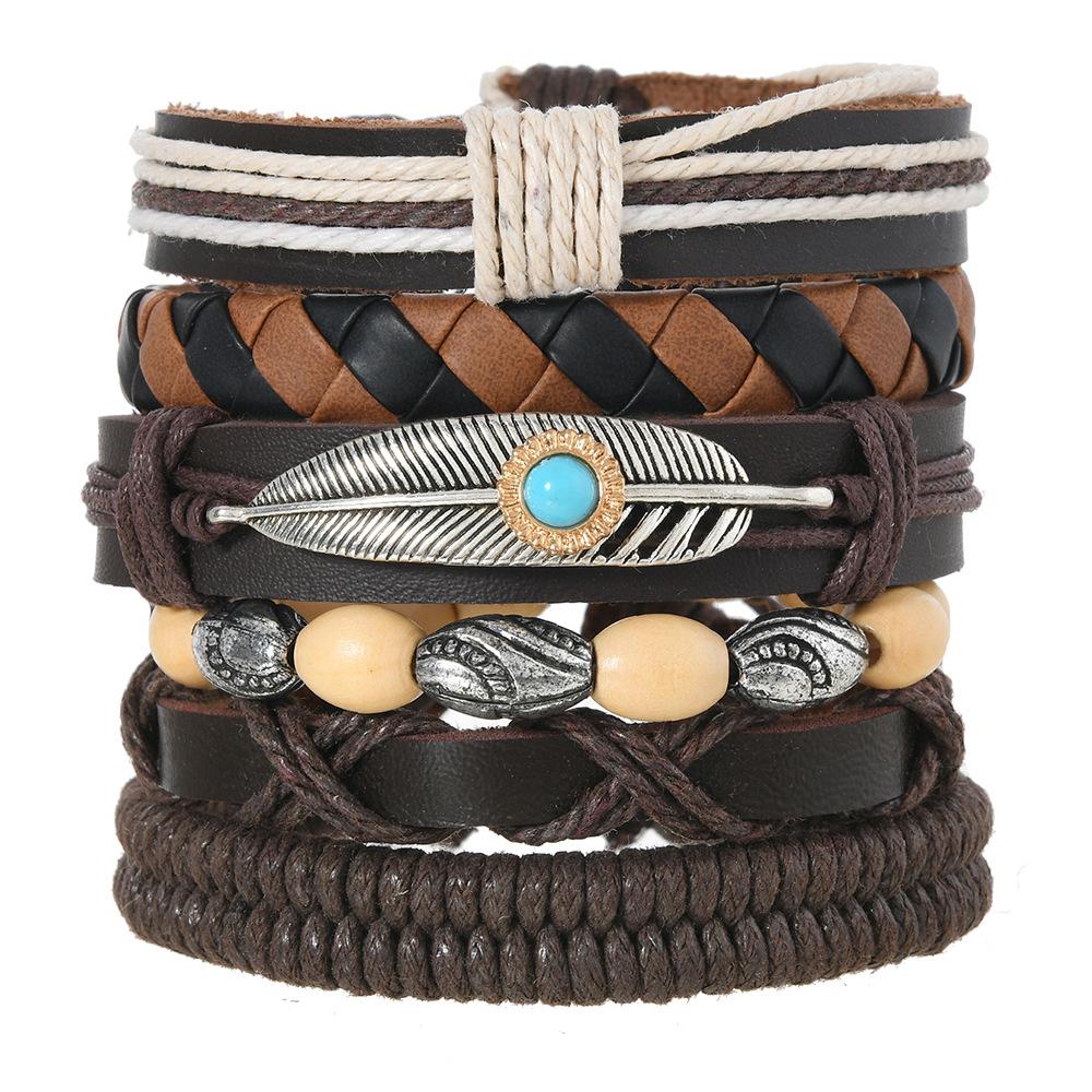 Leather Bracelets for Men Women Handmade Wrap Woven Cuff Bracelets Wooden Beaded Bracelets Vintage Ethnic Tribal Wristbands Bracelet Set Adjustable