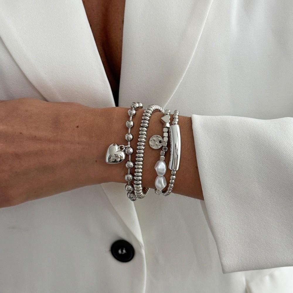 Stackable Imitation Pearl Bracelets Silver Metal Hand Chain New Heart Pendant Bracelets  Women