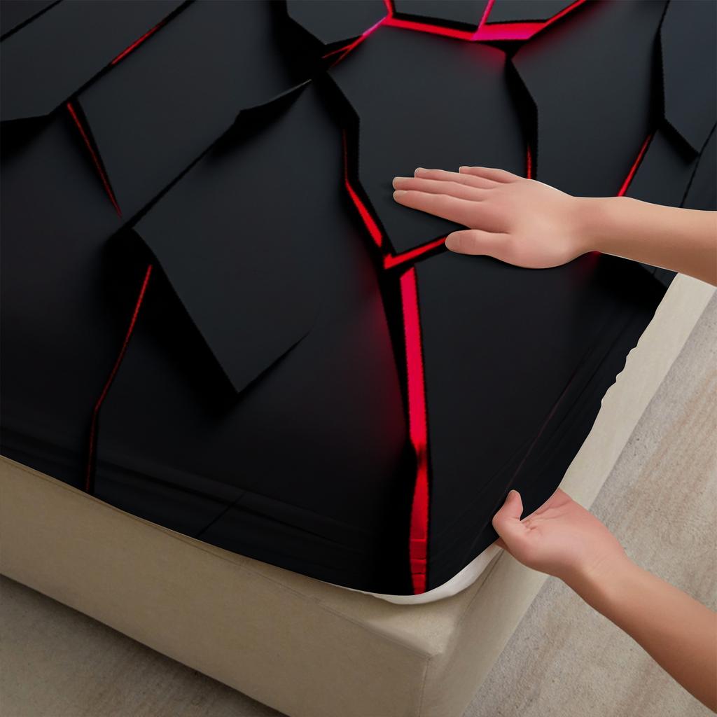 3pcs Honeycomb Pattern Fitted Sheet 3D Printed Black And Red Geometric Flat Sheet Sets With Pillowcases No Filling Vivid Visual