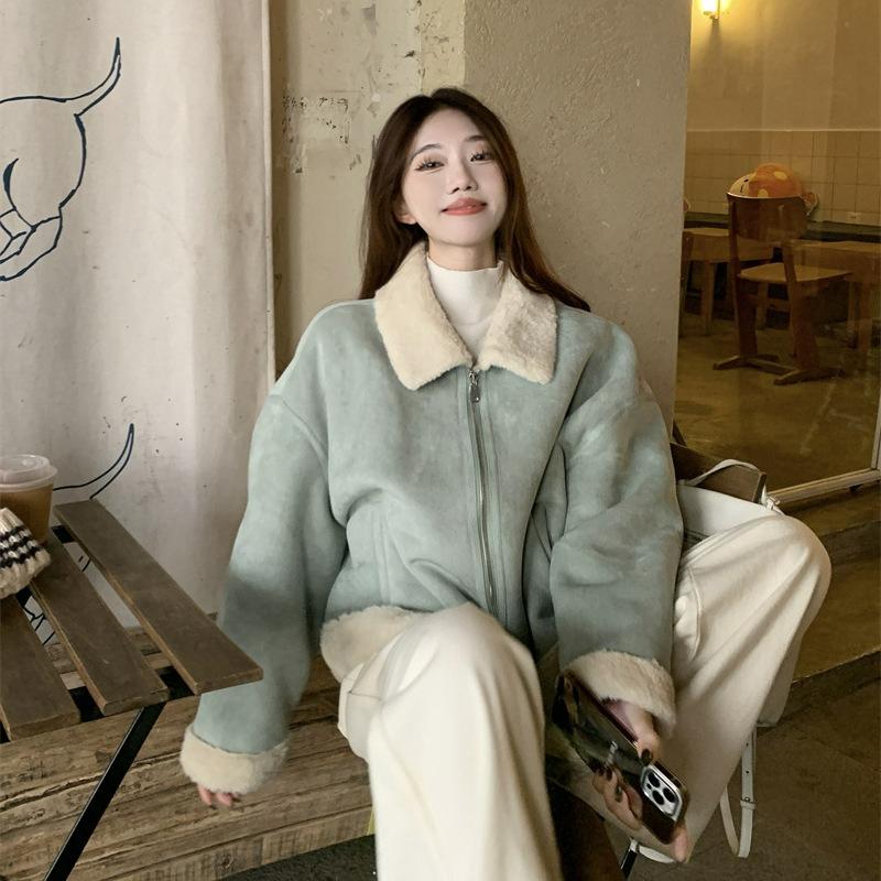 Lapel Deerskin Fleece Fur One-piece Jacket Women's Winter Thickened Warm Fashion All-match Short Top