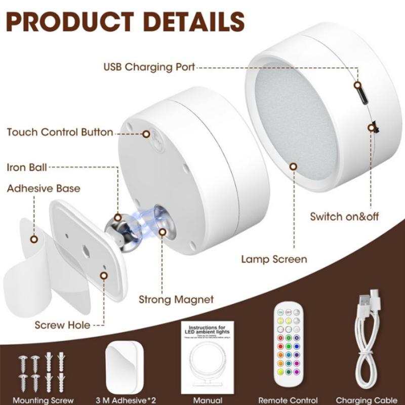 LED Wall Mounted Lights with Remote 3 Color Temperatures 12 RGB Color Ambience Wall Sconces Rechargeable Magnetic Wall Lights