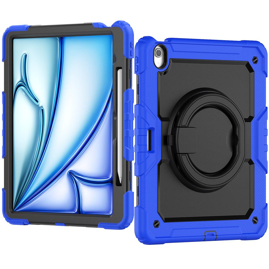 For iPad Air 13 M2 M3 2025, Military Grade Shockproof Protective Silicone Cover 360 Folding Handle Grip + Handle Shoulder Strap