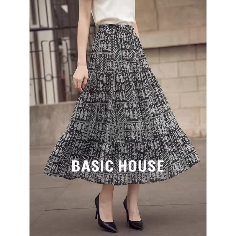 Basic House Women s Vintage Floral High-Waist A-Line Midi Skirt One Size