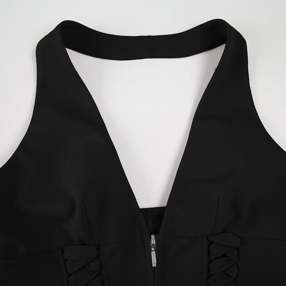 Deep V Neck Sleeveless Crop Top Tie Up Waist Strap Women Camisole Halter Vest Top Female