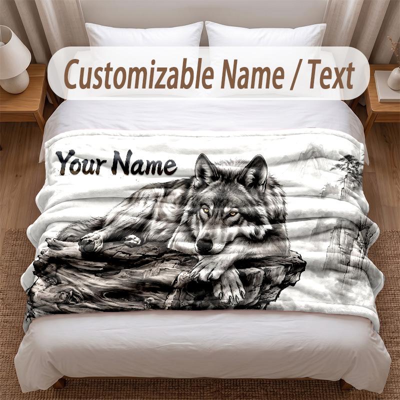 Wolf-Thema Weiche Decke Personalisierter Benutzerdefinierter Name Textdruck Warme Decke Haus Sofa Schlafzimmer Dekor