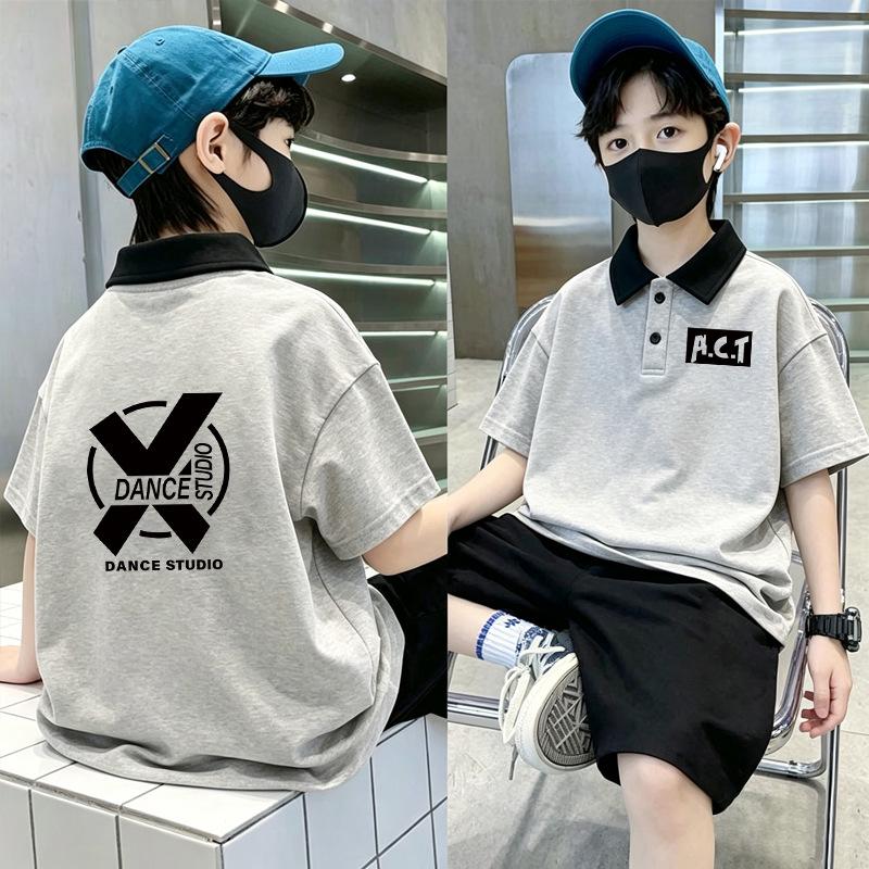 Korean Boys' Cotton Lapel Short Sleeve Summer T-shirt Set, Size 6-12, Color Block Polo.