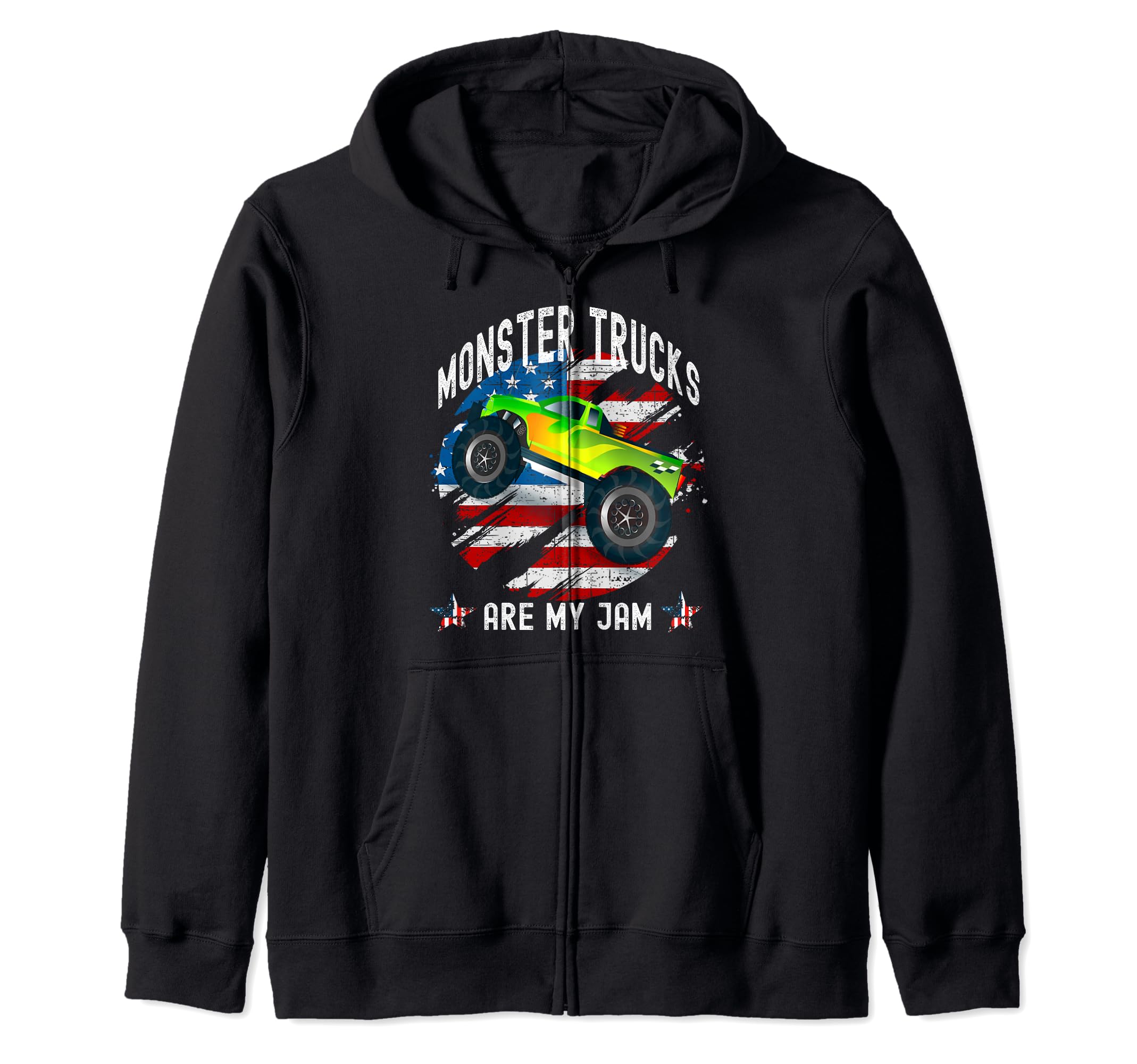 

Monster Trucks Are My Jam Rugged USA Flag Stars and Stripes Zip Hoodie