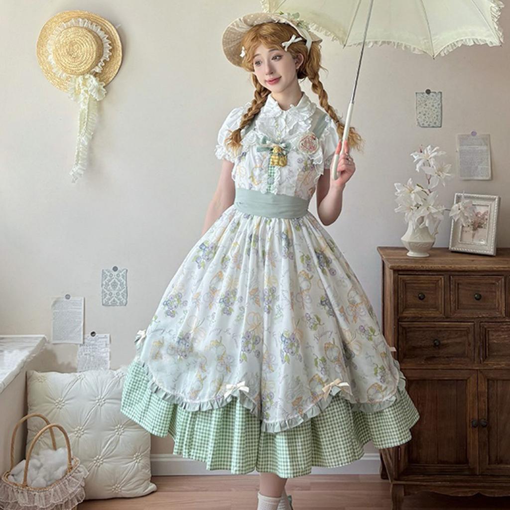 Pounds Country Style Lolita Skirt Elegant Daily Lace Print Midi Dress Shirt Set Princess Ball Gown Style