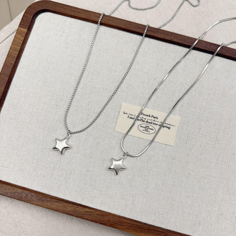 Korean Five Pointed Star Pendant Stainless Steel Necklace for Women Simple Silver Color Star Double Layer Sweater Chain Jewelry