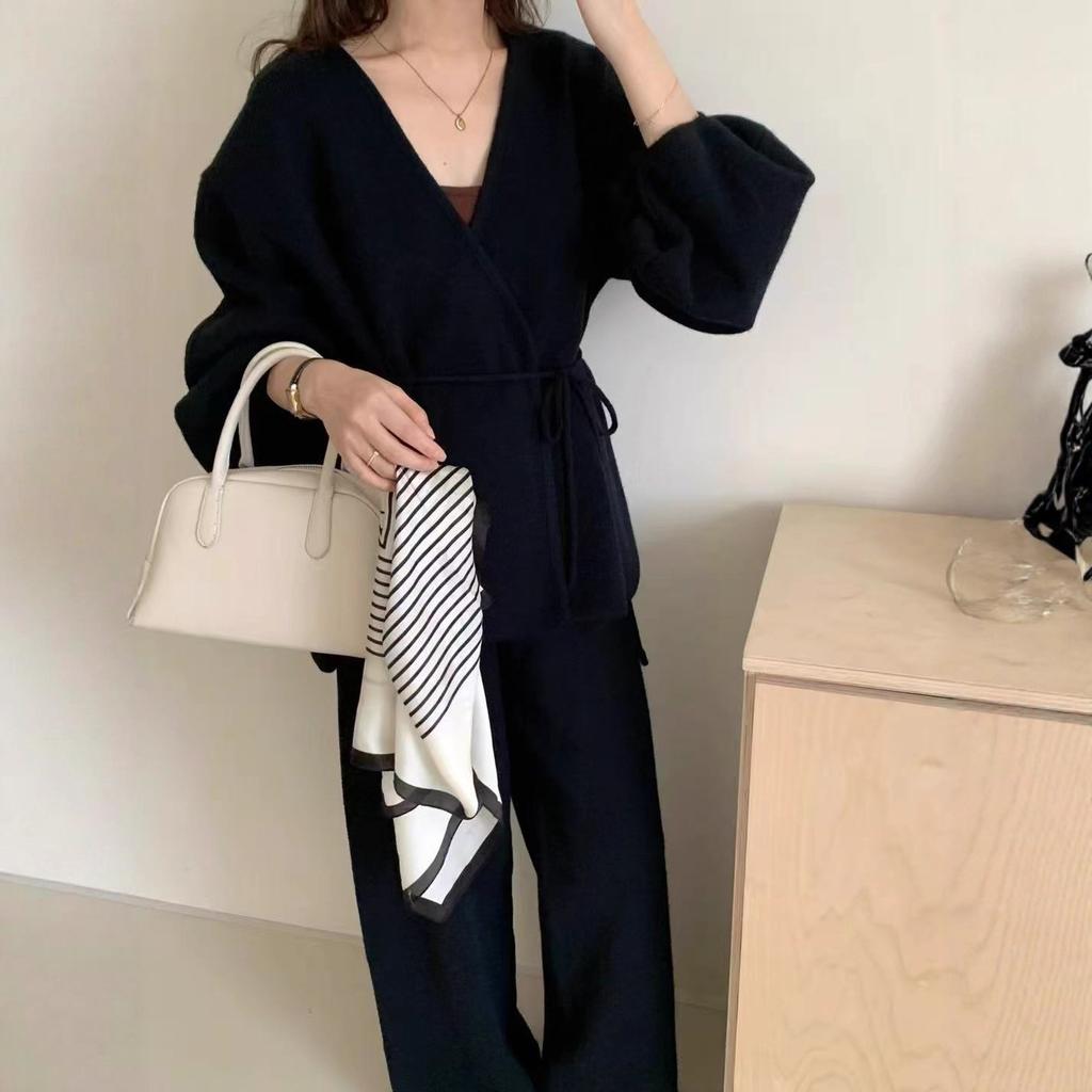 New fashion foreign trade set, women's autumn/winter new elegant loose belt belt knit cardigan wide-leg pants two-piece set