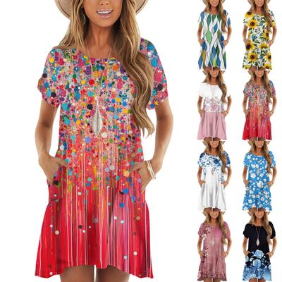 Women's Fashion Casual Round Neck Short Sleeve Ruffle Gradient Printed Dresses