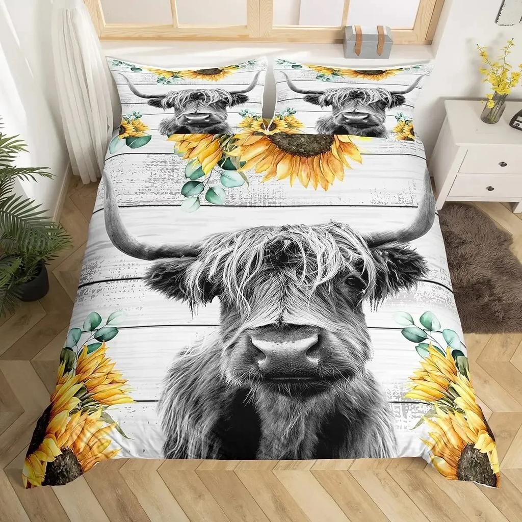 Cow Sunflower Bull Cattle Smoky Mountain Western Comfortable Duvet Cover Pillowcase Bedding Set Children Bedroom Decoration