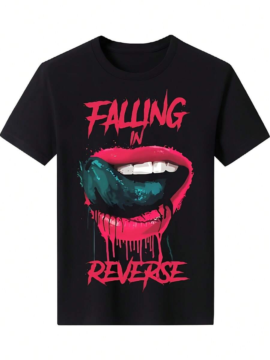 Unisexs Heavyweight 100 Cotton Falling In Reverse TShirt  Black With Bold Red  Pink Lips Graphic S