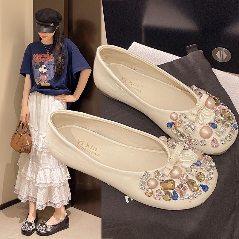 2025 Autumn New Round Head Shallow Mouth Flat Bottom Pearl Rhinestone Bow Single Shoes Flat Heel Soft Sole Ladyshoes