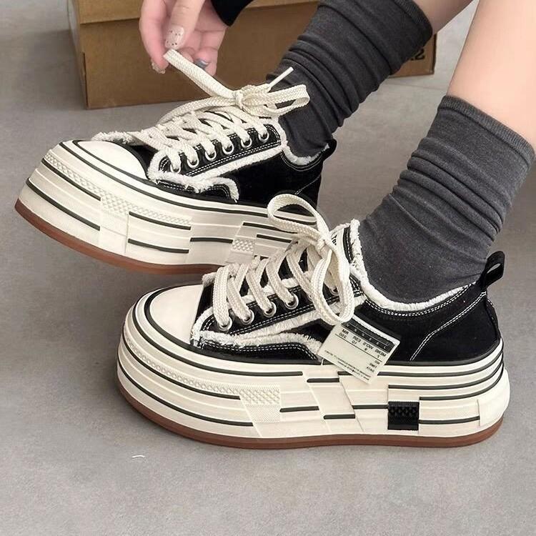 Internet Celebrities with the Same Super Fire Swan Series Canvas Shoes Women 2025 Retro Casual Platform Fringed Lace-up Beggar Shoes