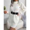 High Neck Long Sweater Damen Casual Strickkleid Geschenk Gürtel Einfarbig Pullover Verdickt Warm Loose Casual Pendler Gestricktes Basishemd Herbst Winter