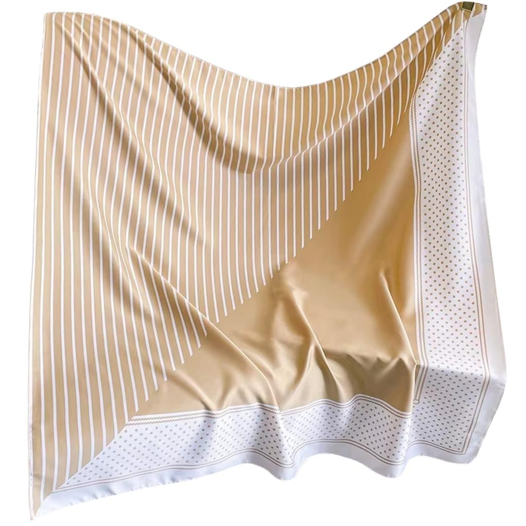 Women' Scarf Caramel-Beige 90X90 - Stripes, Polka Dots and Subtle Silk Shine