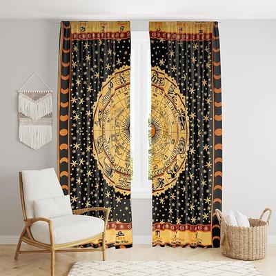 Beautiful Indian Bohemian Psychedelic Hippie Tie Dye Window Curtain Panels for Bedroom, Living, Balcony (Golden Horoscope)