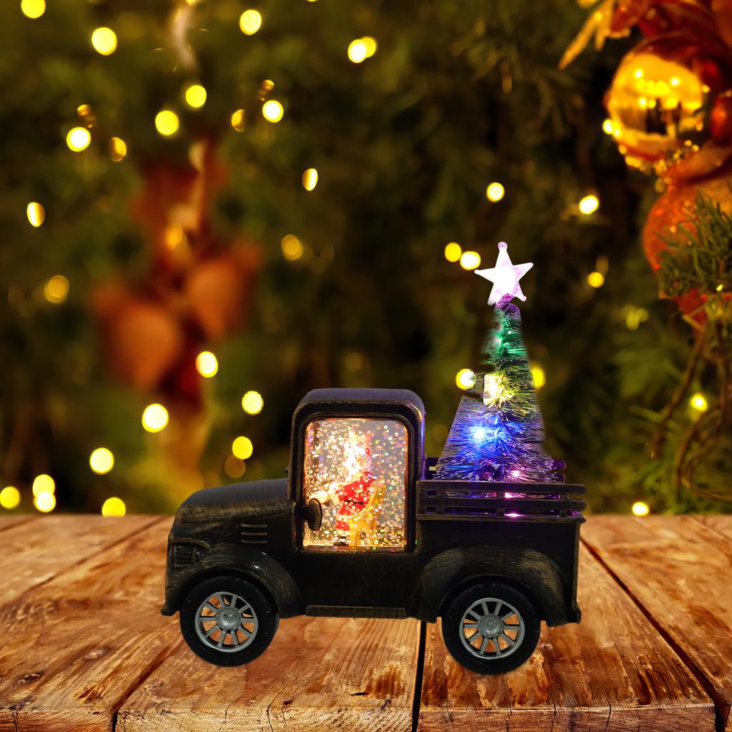 Mini Santa Claus Driving Tractor with Christmas Tree Operated Light Up Tabletop Scene Prop for Holiday Home Office Decor