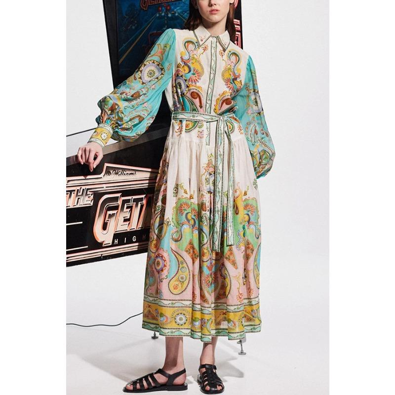 Stampa Moda Manica Lunga Manica a Palloncino Allacciato Vestito Vestito