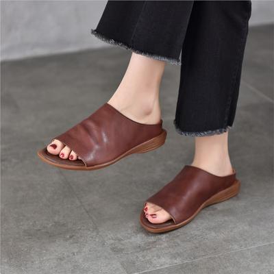 Ciabatte Piatte da Esterno in Vera Pelle con Punta Aperta Stile Retrò Morbida Pelle di Mucca Versatili Ciabatte da Donna