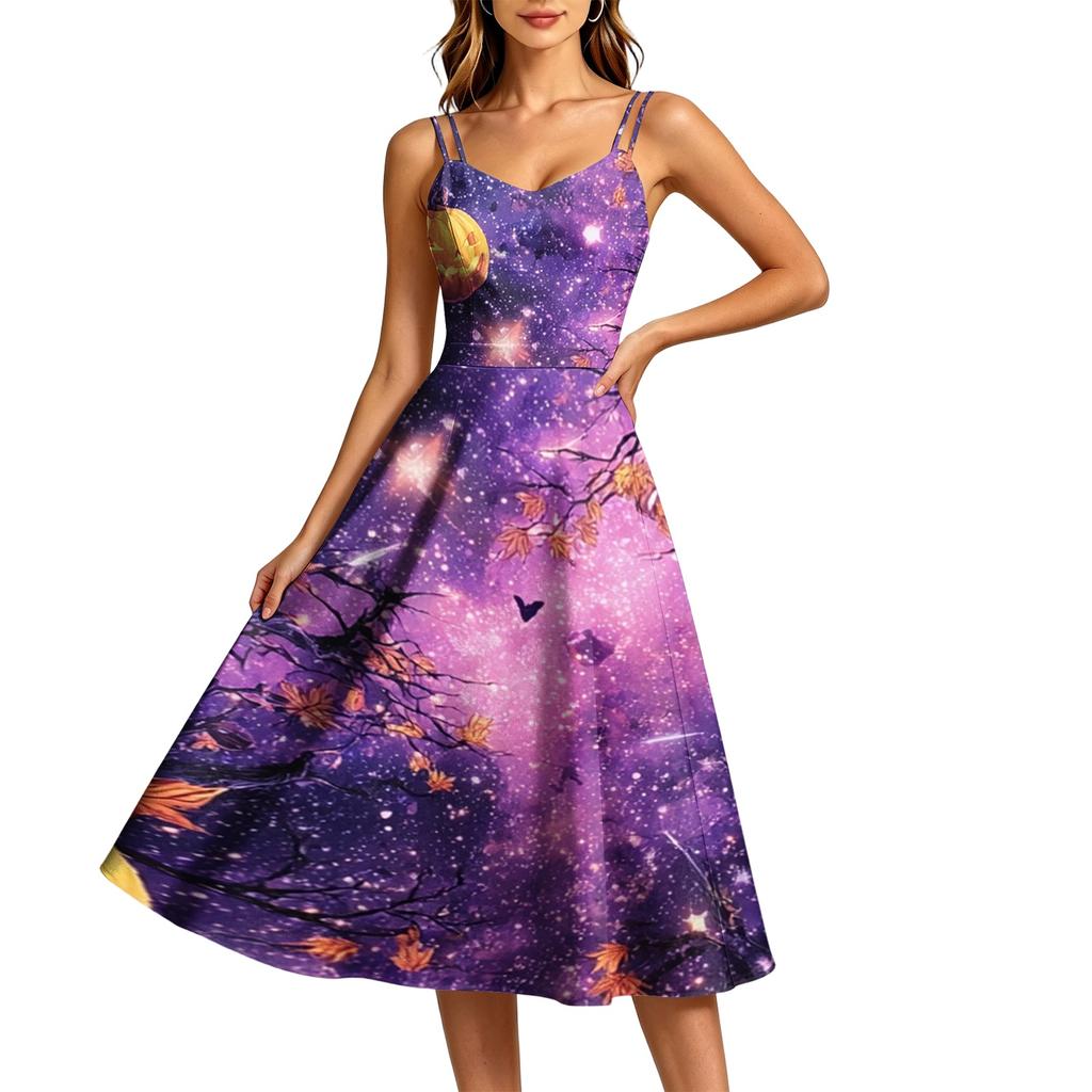 Women's Casual Round Neck Sleeveless Dress with Halloween Print for Party and Daily Wear