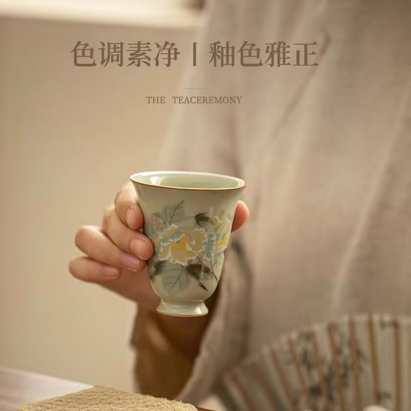 Secret Color Yellow Ru Kiln Flower And Bird Picture Tea Cup Master Cup Tea Cup Ceramic Wind Chime Cup Chinese Kung Fu Tea Set Retro Style