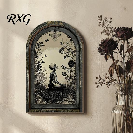 Vintage Halloween Wall Hanging Arched Wooden Decor, Ghost Cat Double-Layer Ornament, Distressed Gothic Rustic Table Decor Tabletop Plaque, Spooky Home