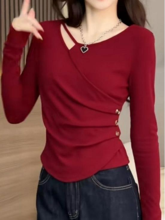 Fashionable V-neck Long-Sleeve Top for Women - Slimming & Flattering, Large Size, Autumn/Winter