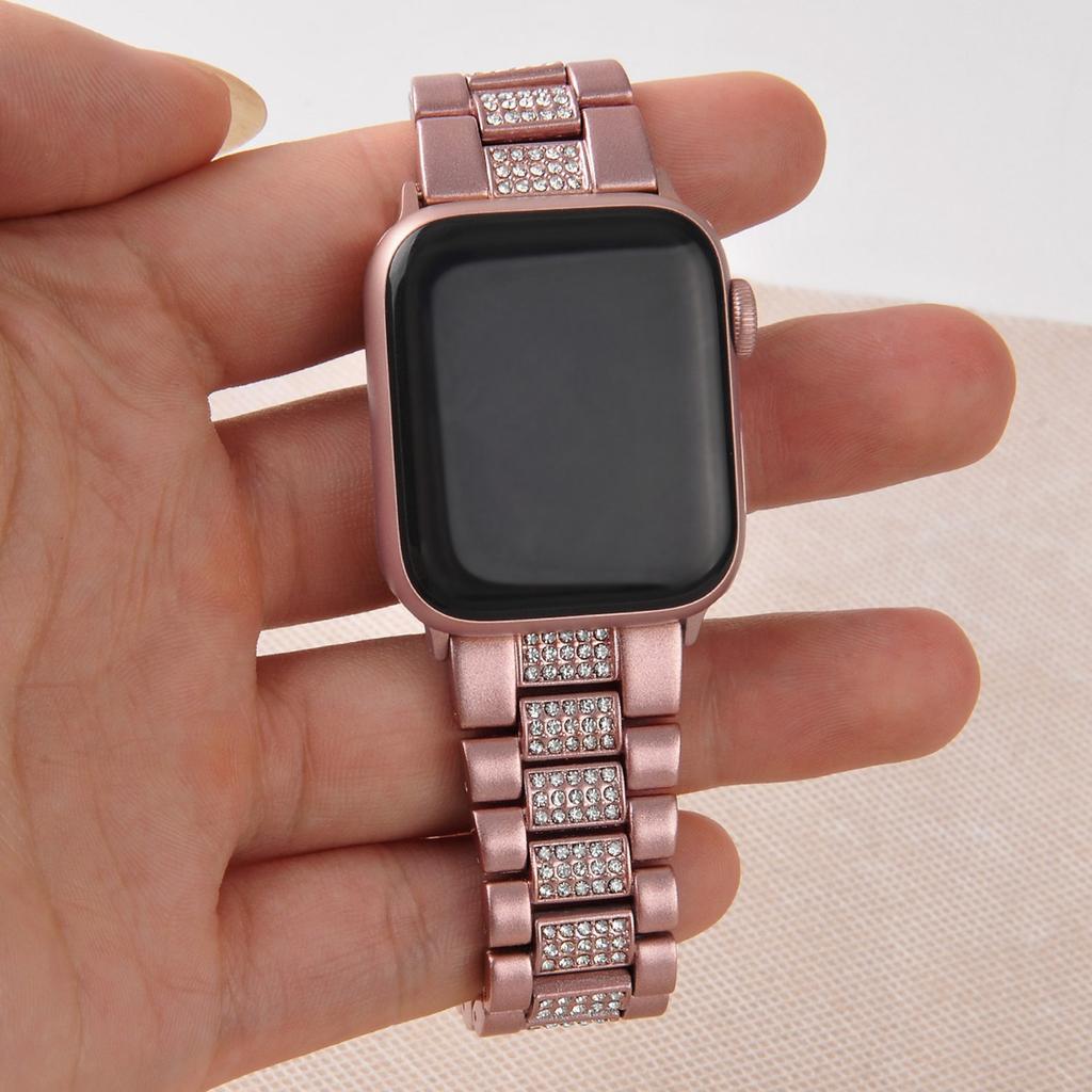 For Apple Watch Series 10 42mm/9 8 7 41mm/6 5 4 SE SE (2022) SE (2023) 40mm/3 2 1 38mm Metal Smart Watch Band Three Beads Rhinestone Decor Bracelet