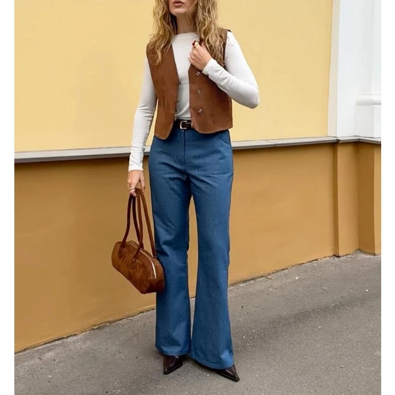 Damen S Brauner Wildlederweste V-Ausschnitt Knöpfe Lässig Streetstyle