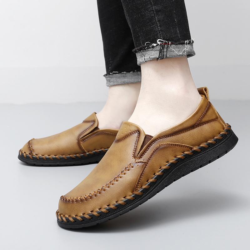 Men Brown Slip on Moccasins Hiking Shoes Black Flats Driving Shoes Blue Handmade Casual Wide Head Shoes Plus Size