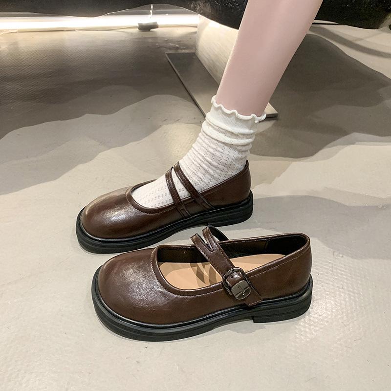 Retro Round Head Shallow Mouth Single Shoes Women's Spring and Autumn New Small Leather Shoes Women's Flat Mary Jane Shoes