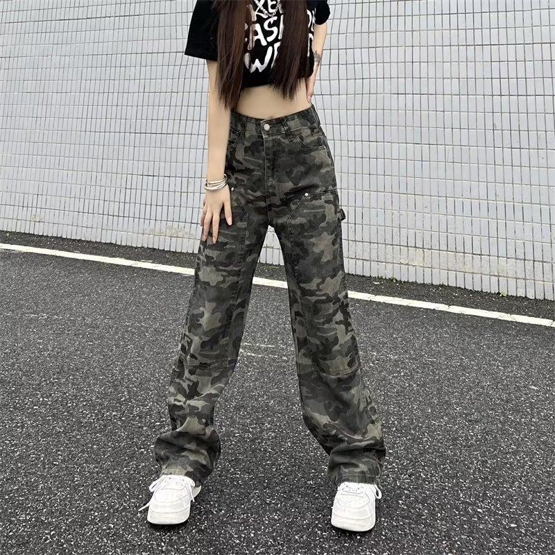 Amerikanische Ins Retro Camouflage Latzhose Herren und Damen Trendige Streetwear Lockere Gerade Jeans