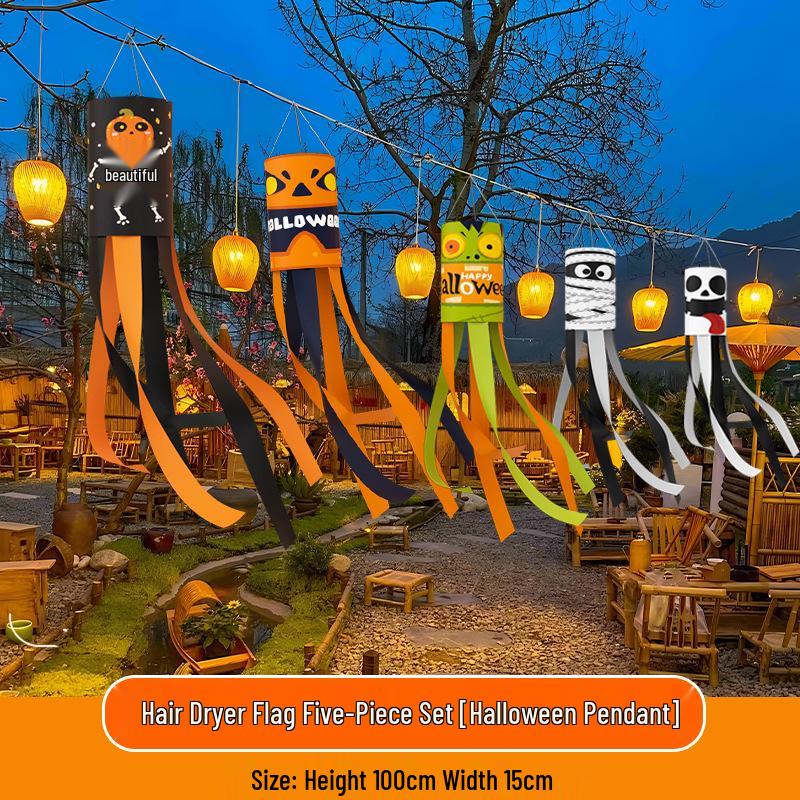 Halloween Outdoor Hanging Decorations: Pumpkin & Ghost Wind Sock Flags