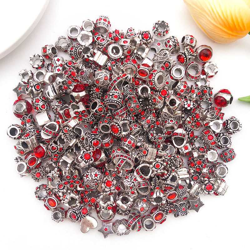 10pcs Colorful Antique Silver Rhinestone Spacer Beads Large-Hole Crystal Glass European-Style Beads for DIY Snake Chain Jewelry