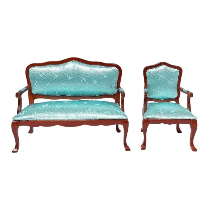 Elegant Blue Floral 1:12 Scale Miniature Sofa Armchair Model Figurine Double Couch For Doll House Scene Setting Furniture