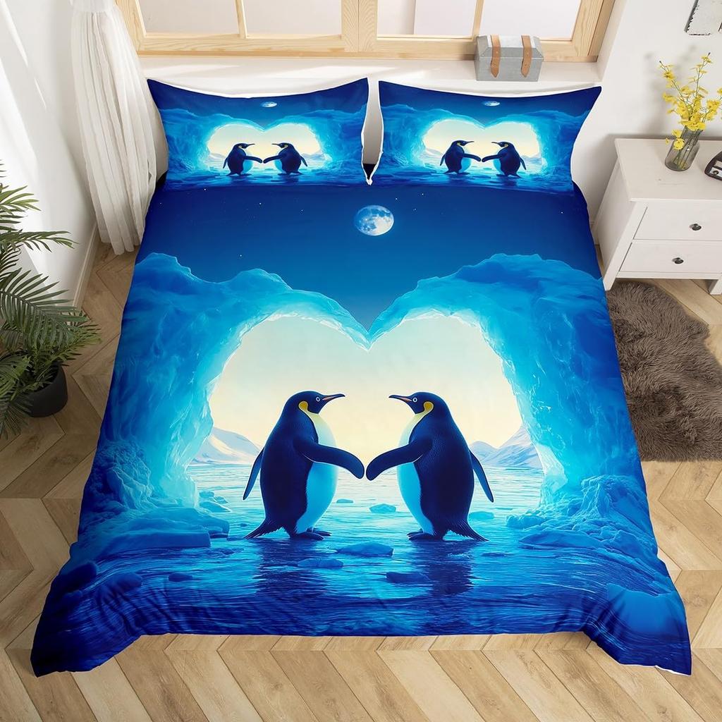 Penguin Duvet Cover Twin Queen Size Antarctic Animal Bedding Set For Kids Boys Girl Cartoon Black White Wildlife Comforter Cover